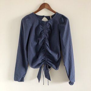 Free People Poplin Open Back Puff Statement Sleeve Blouse XL Blue